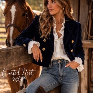 Rare Ralph Ralph Lauren Blue Velvet Double Breasted gold buttoned Short Jacket